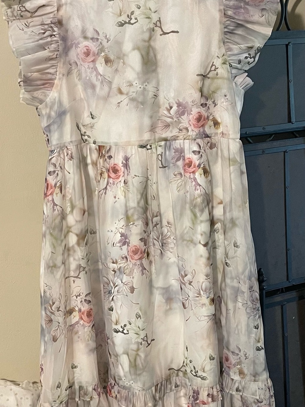 Womens White Floral Ruffle Sleeve Dress
